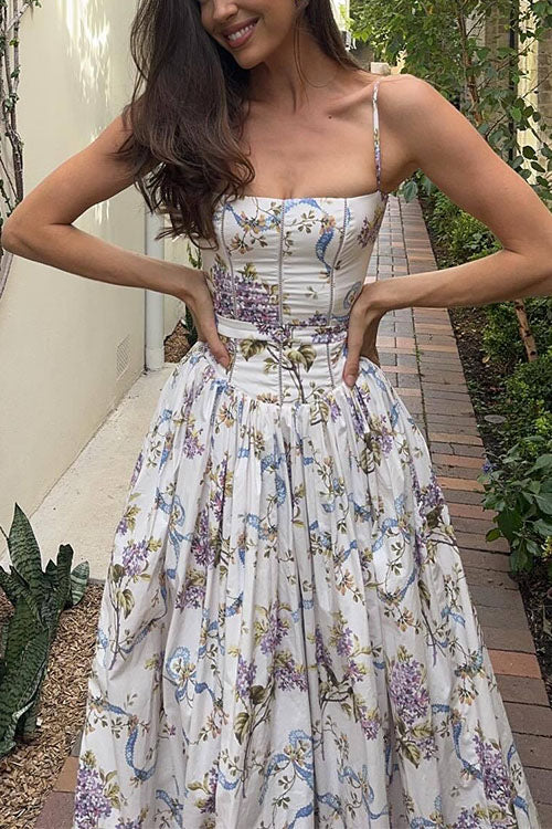 Moxidress Spaghetti Strap Print Bustier A-line Maxi Dress