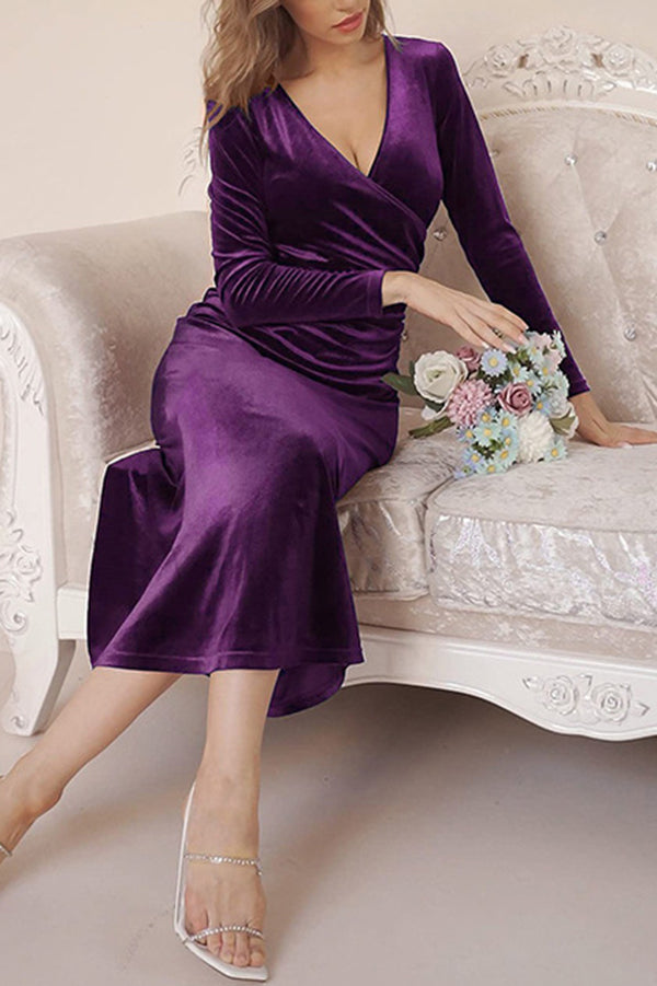 Color Velvet Long Sleeve V-neck Slim Fit Fishtail Maxi Dress