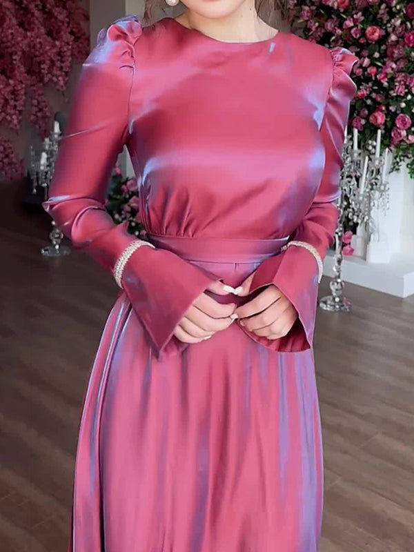 A-line Long Sleeves Pleated Color Tied Waist Zipper Round-neck Maxi Dresses