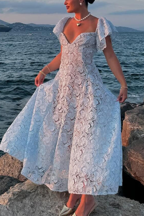 V Neck Flare Sleeves Lace Midi Dress