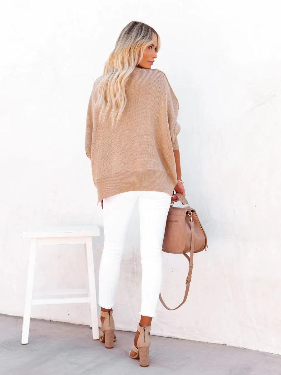 Oversized Batwing Sleeve Knit Sweater - Khaki