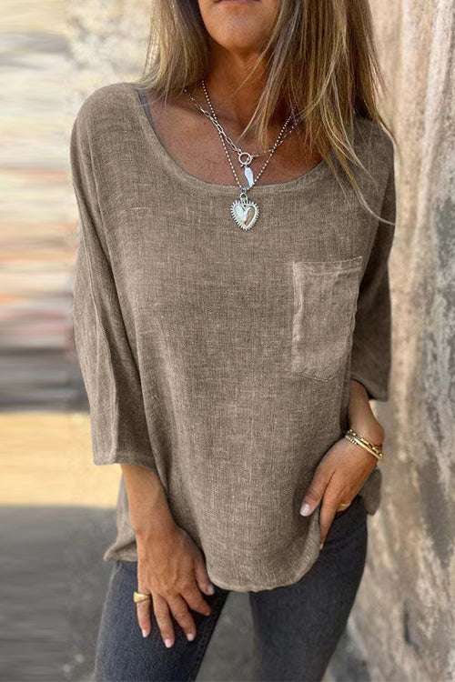 Moxidress 3/4 Sleeves Pocketed Cotton Linen T-shirt