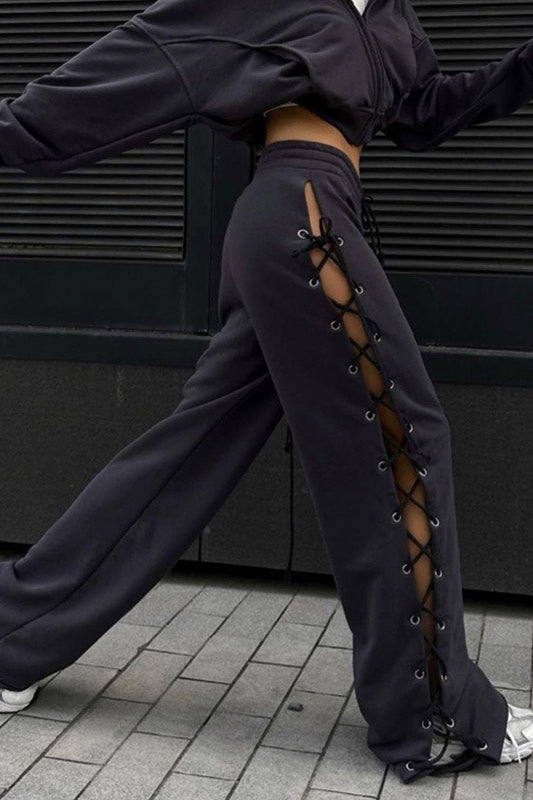 Side Slit Tie Cutout Wide Leg Pants