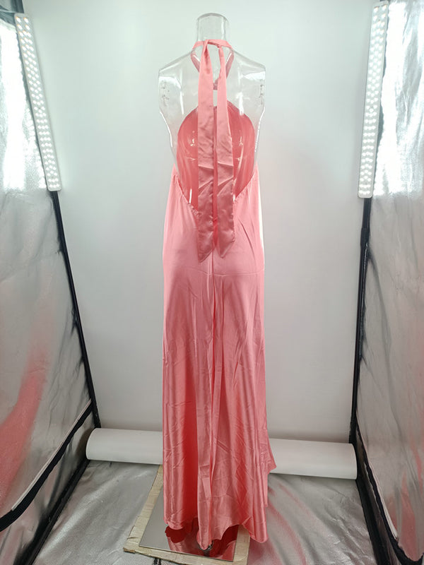 A-line Loose Backless Color Tied Halter-neck Maxi Dresses
