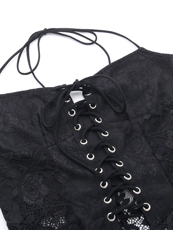 Perspective Lace Halter Eyelet Jumpsuits With Tie Front