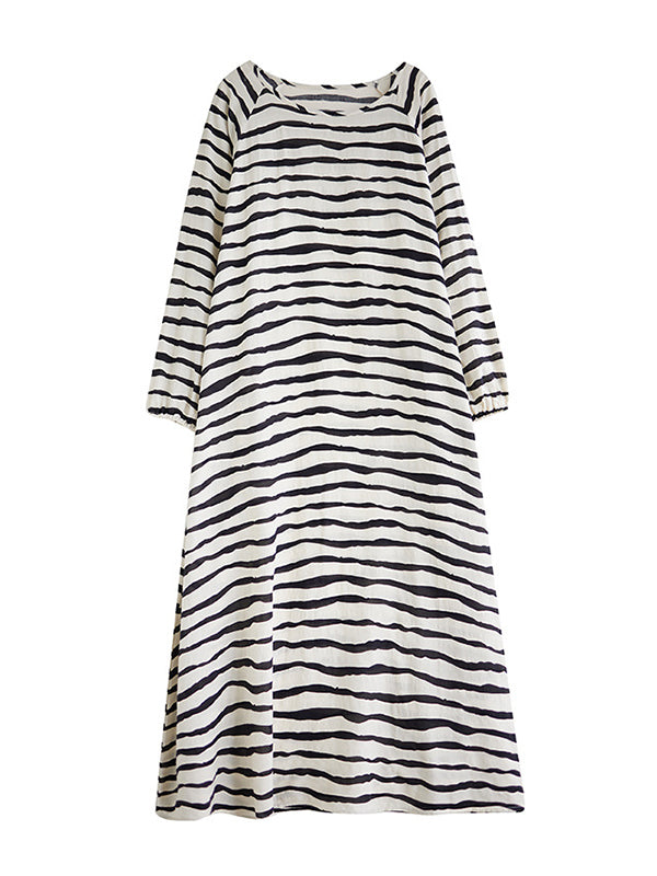 A-line Long Sleeves Contrast Color Elasticity Striped Round-neck Maxi Dresses