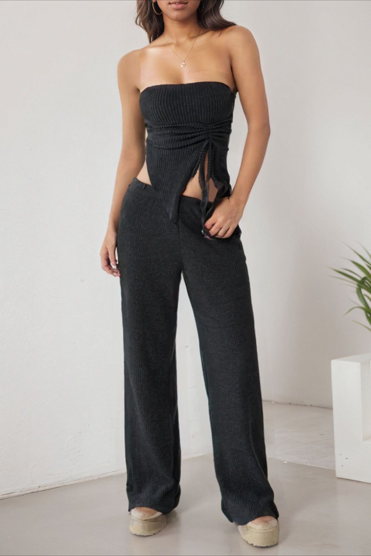 Wrap Front Split Hem Top Straight Pants Set