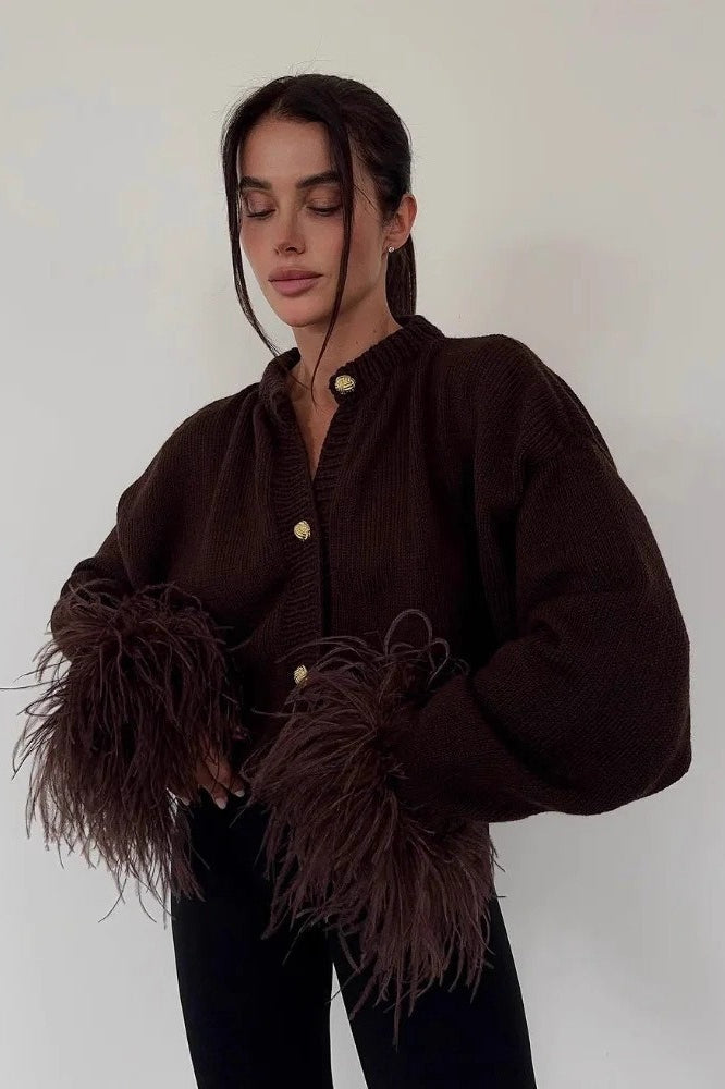 Button Feather Paneled Sweater