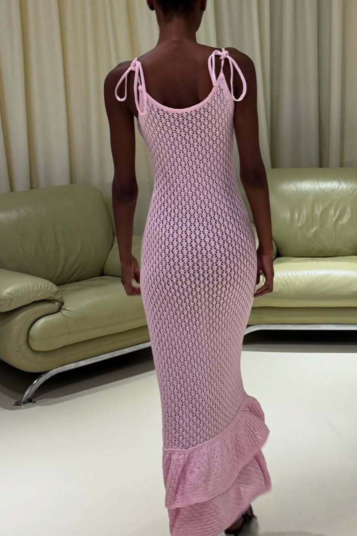 Ruffle Knit Cutout Sheer Cami Maxi Dress