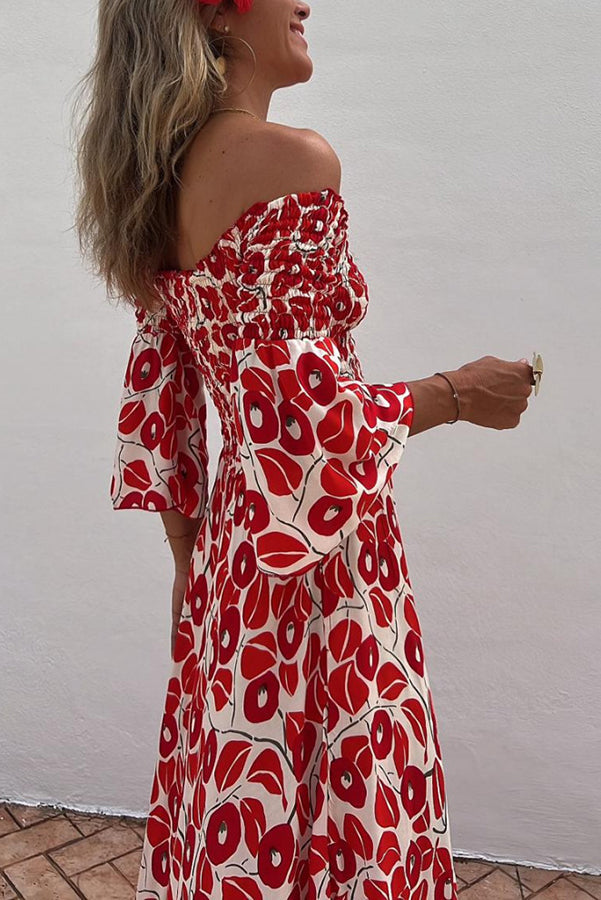 Vacation Style Fashionable Print Pleated One Shoulder Design Pocket Long Dress