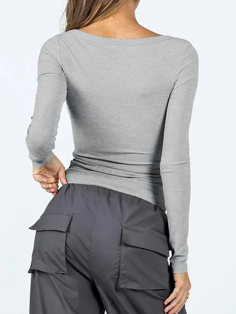 Long Sleeve Square Neck T-shirt Tops Color Street Fall Spring T-shirt for New