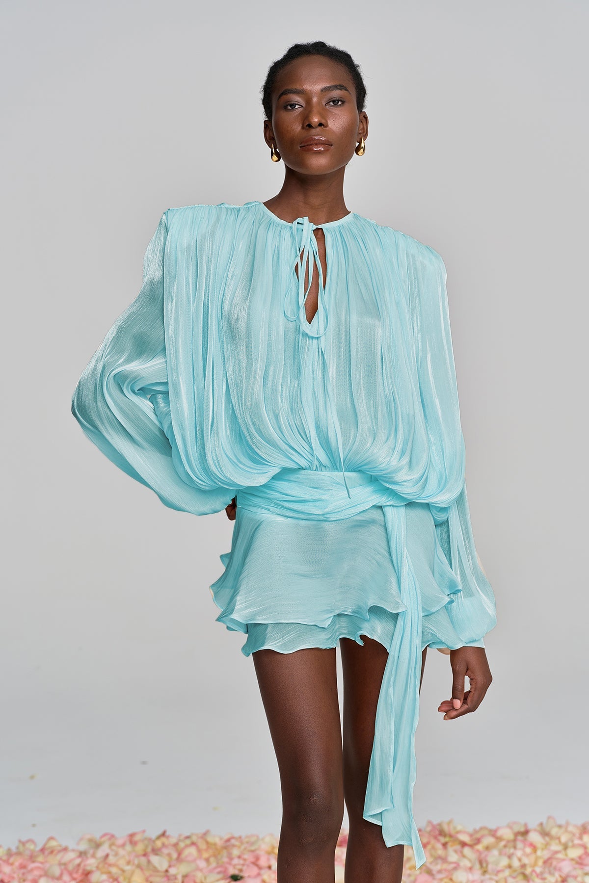 Aminah Balloon Sleeve Ruch Ruffle Mini Dress in Baby Blue
