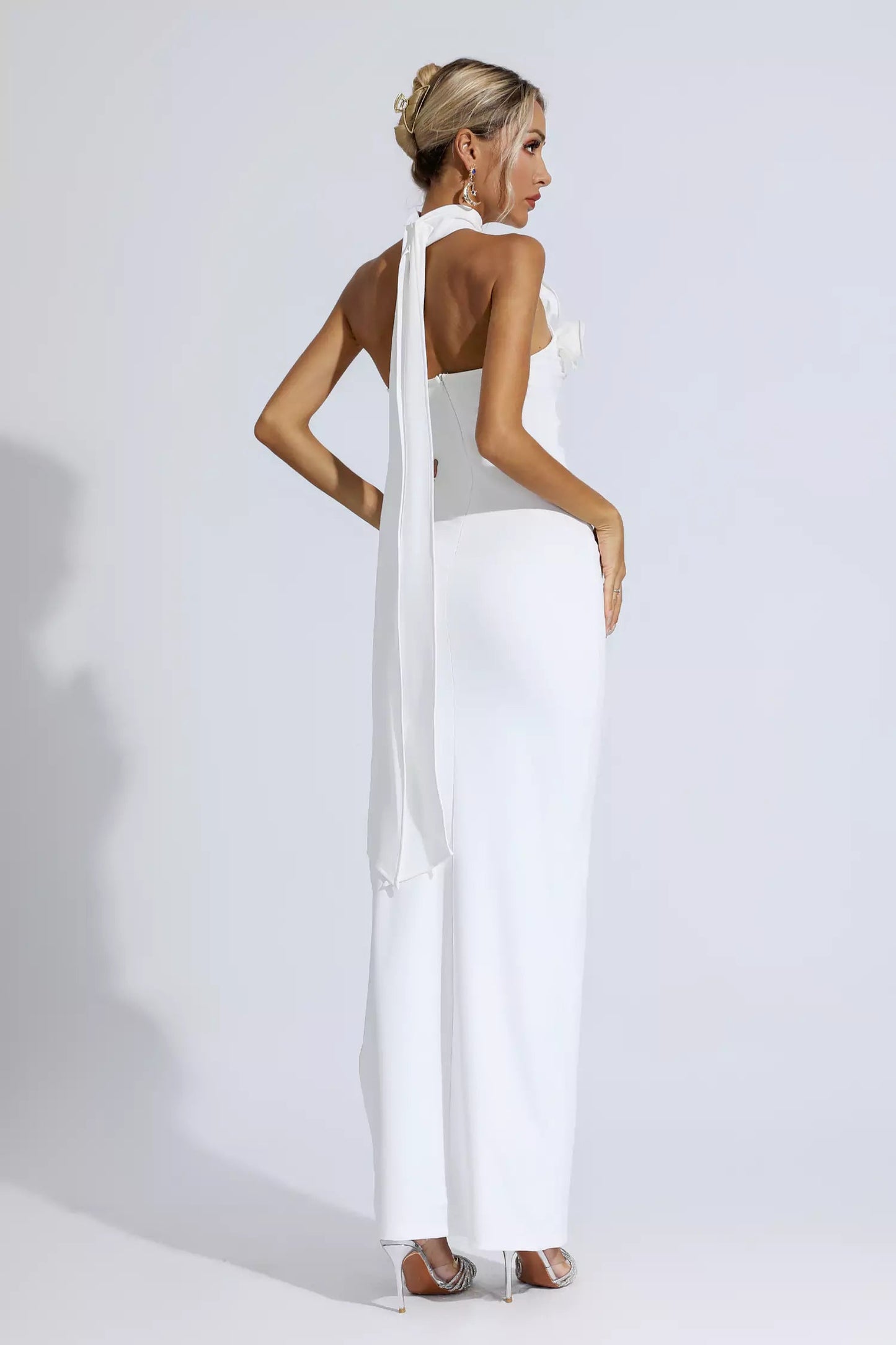 Aylin White Ruched Halter Maxi Dress