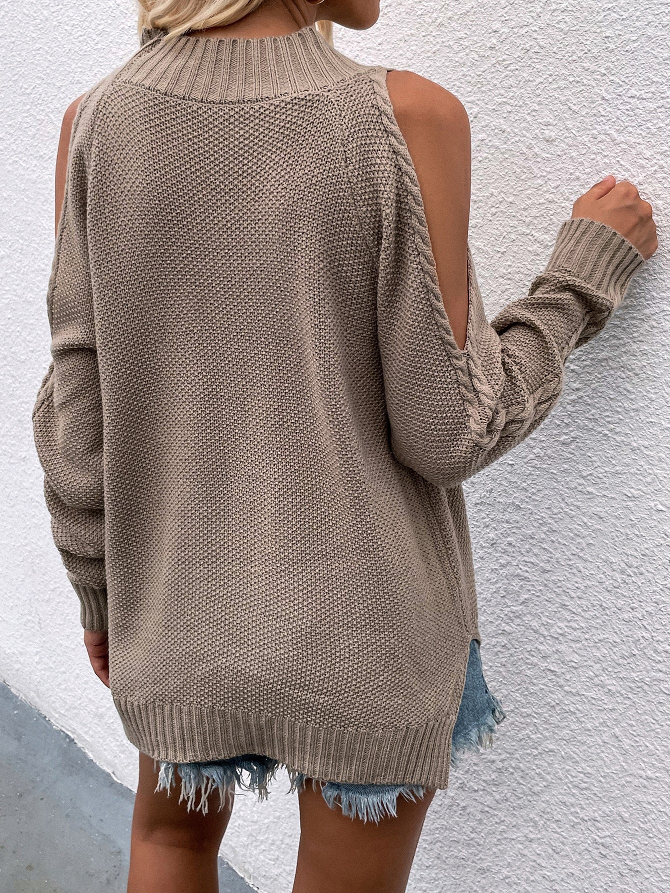 | Beige Shoulder Cut-out Knit Sweater