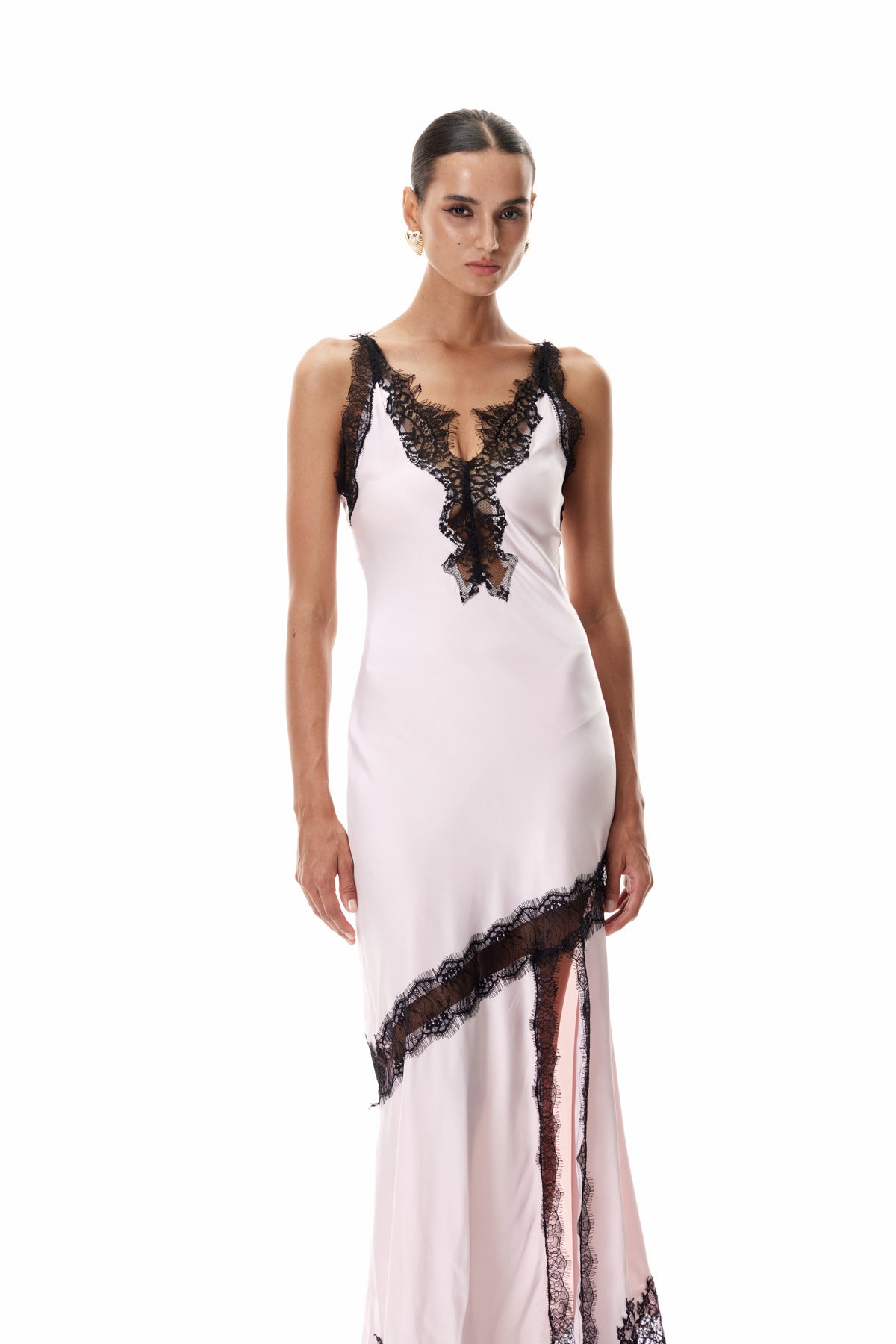 Bess Lace Plunge Satin Maxi Dress in Pink