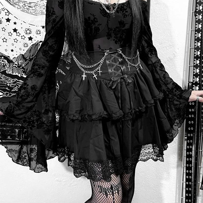 Black Mini Gothic Drawstring Folds High Waist Irregular Ruffle Patchwork Fairycore Skirt
