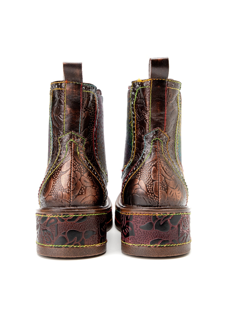 Soffia | Genuine Leather Bronze Rose Embossed Flat Chelsea Boots