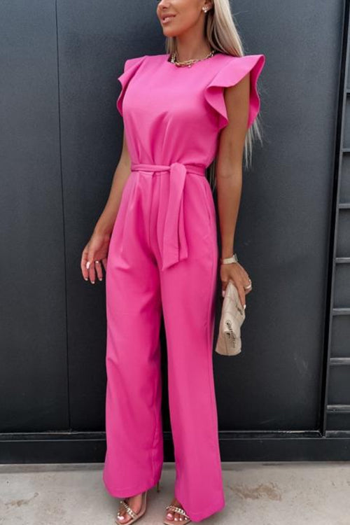 Crewneck Ruffle Short Sleeve Tie Waist Jumpsuit