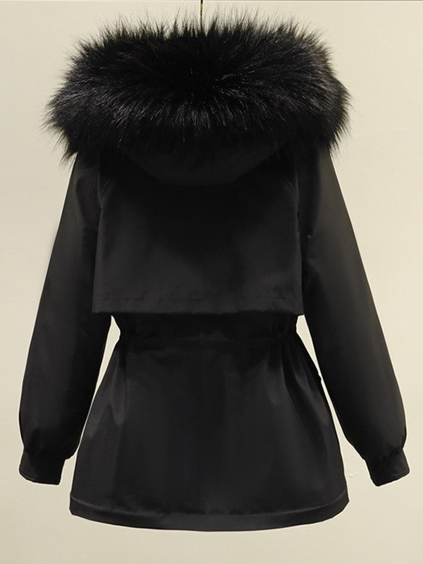 Black Classic Parka Coat With Hood and Vegan Fur