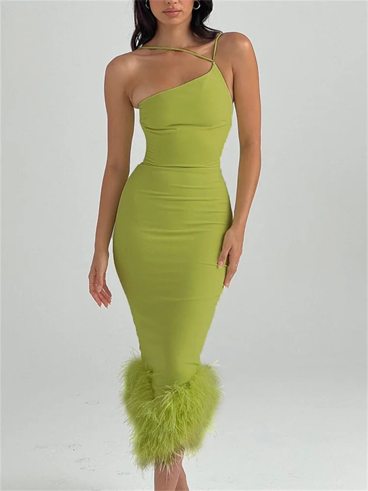 Feather Hem Sleeveless Party Club Asymmetrical Strap Midi Dress