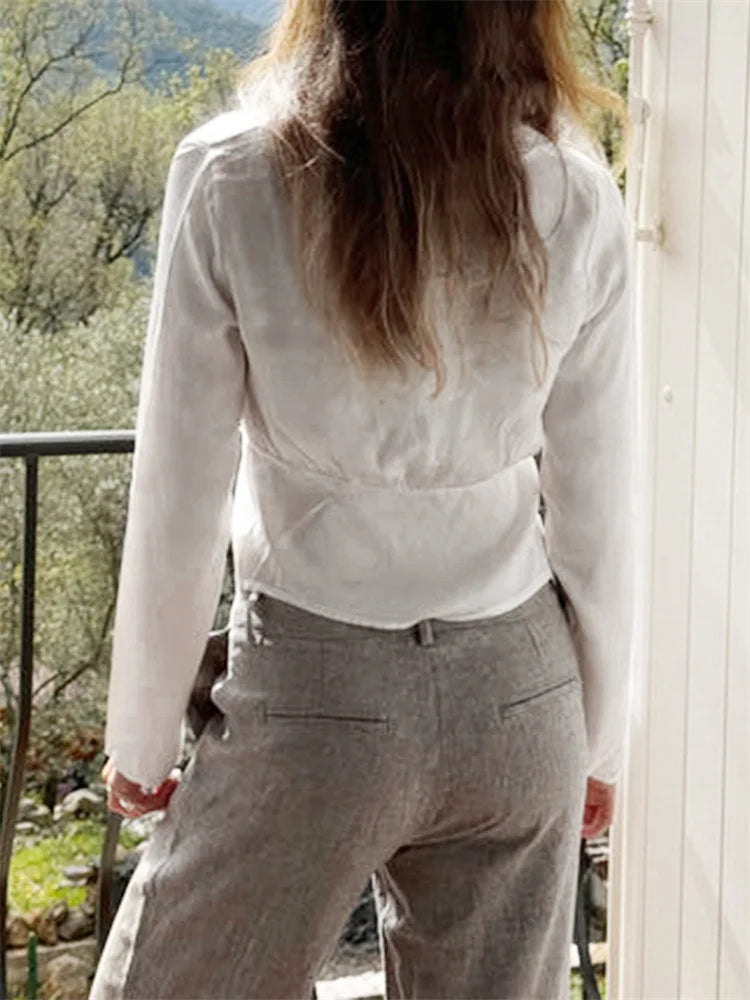 Lace Trim V-neck Tie-up Blouse