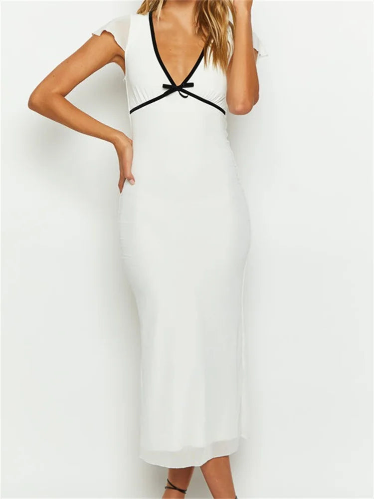Summer Skinny White Short Sleeve Deep V Neck Contrast Midi Dress