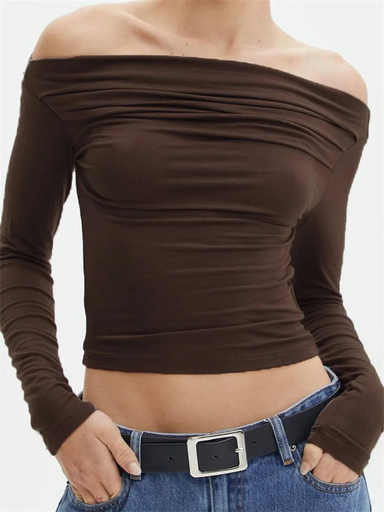 Long Sleeve Off Shoulder Ruched Slim Fit Spring Autumn Female T-shirts