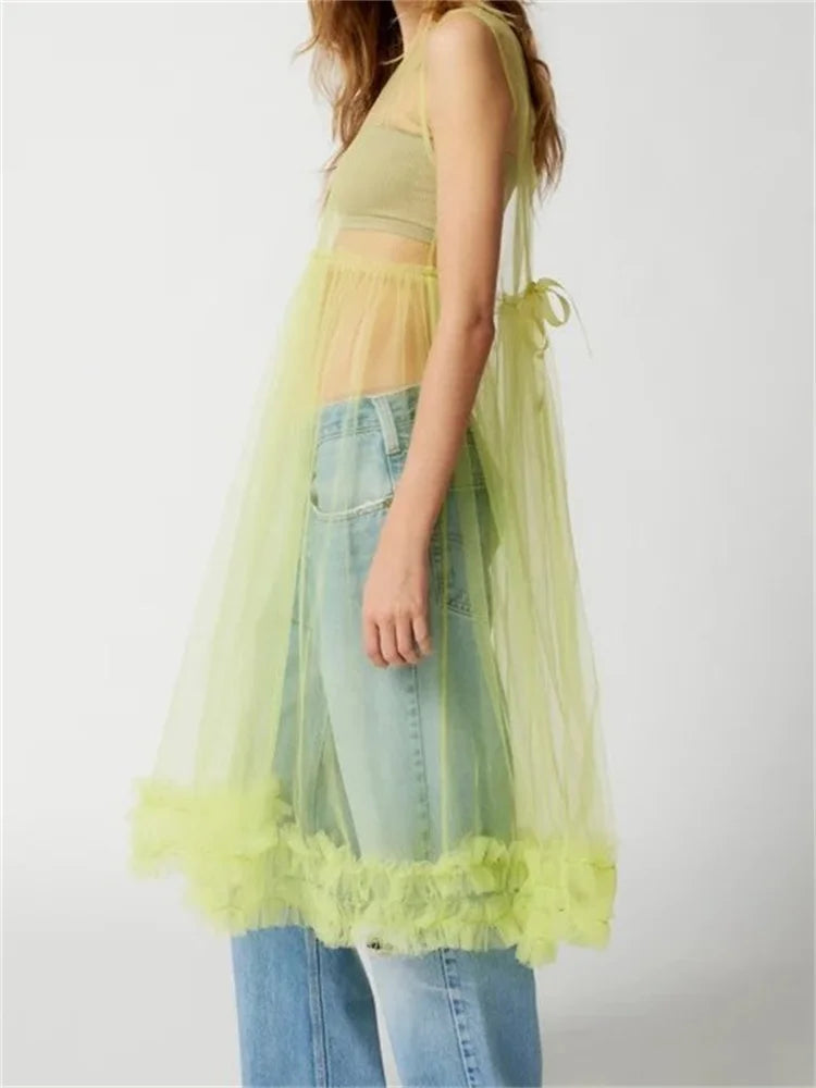 Sheer See-through Color Crew Neck Ruffles Sleeveless Midi Dress