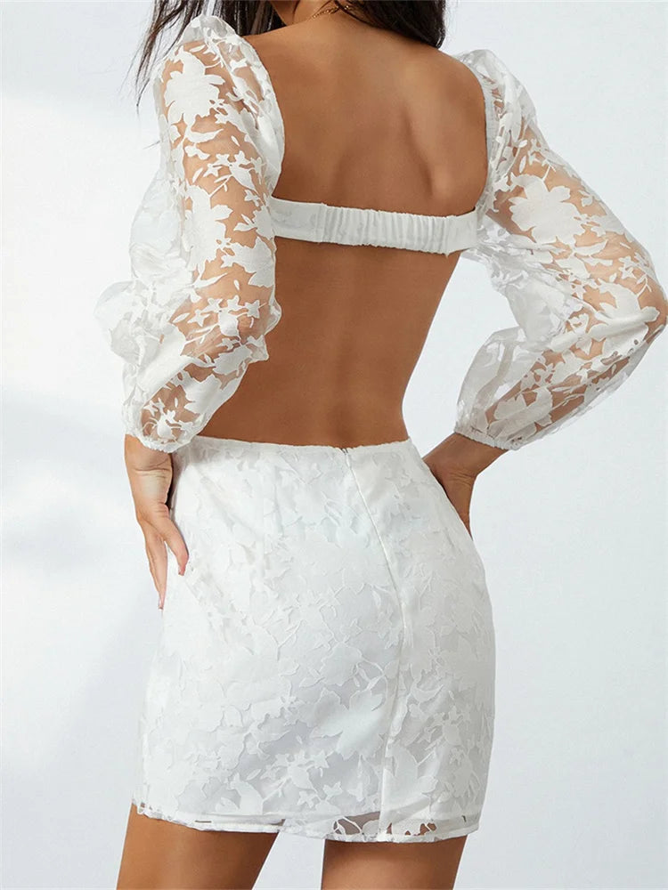 Long Sleeve V Neck Tie-up Backless See Through Mini Dresses
