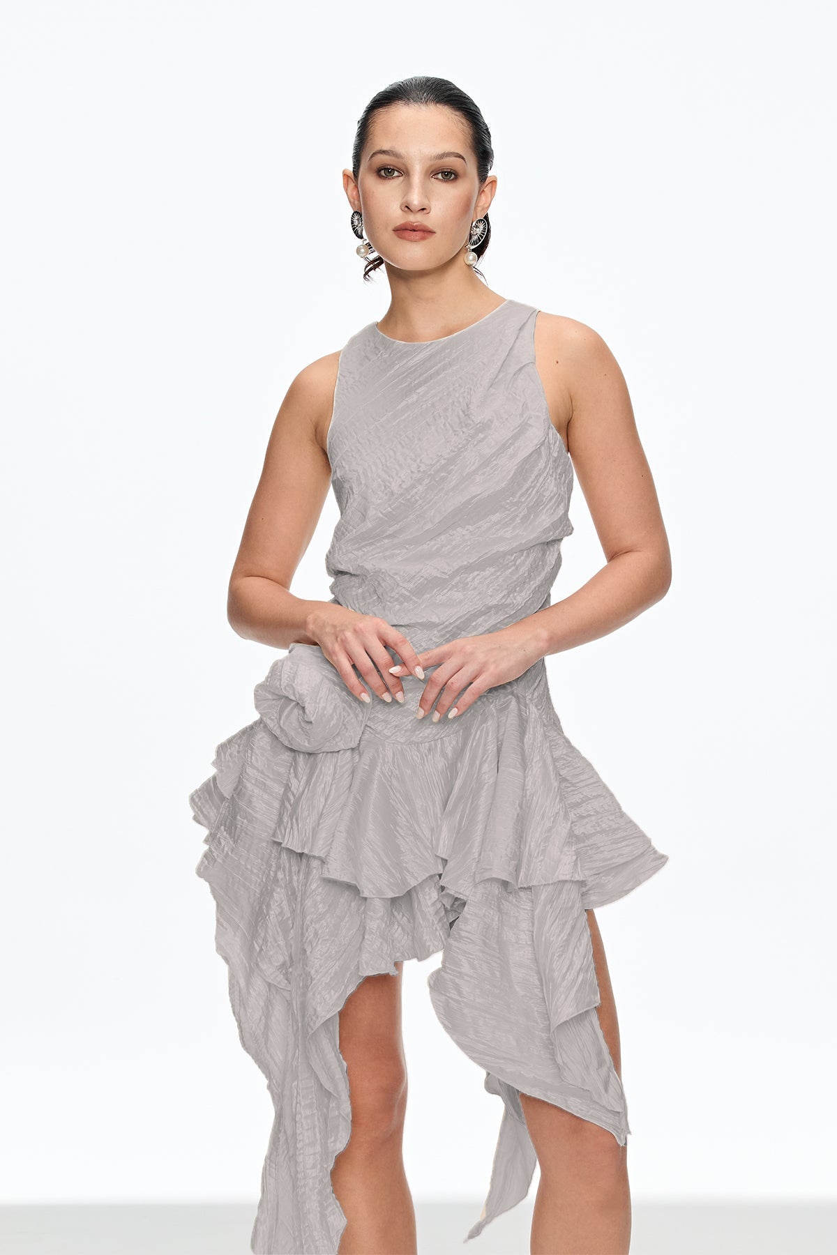 Caleb Flower Ruch Asymmetric Mini Dress in Grey
