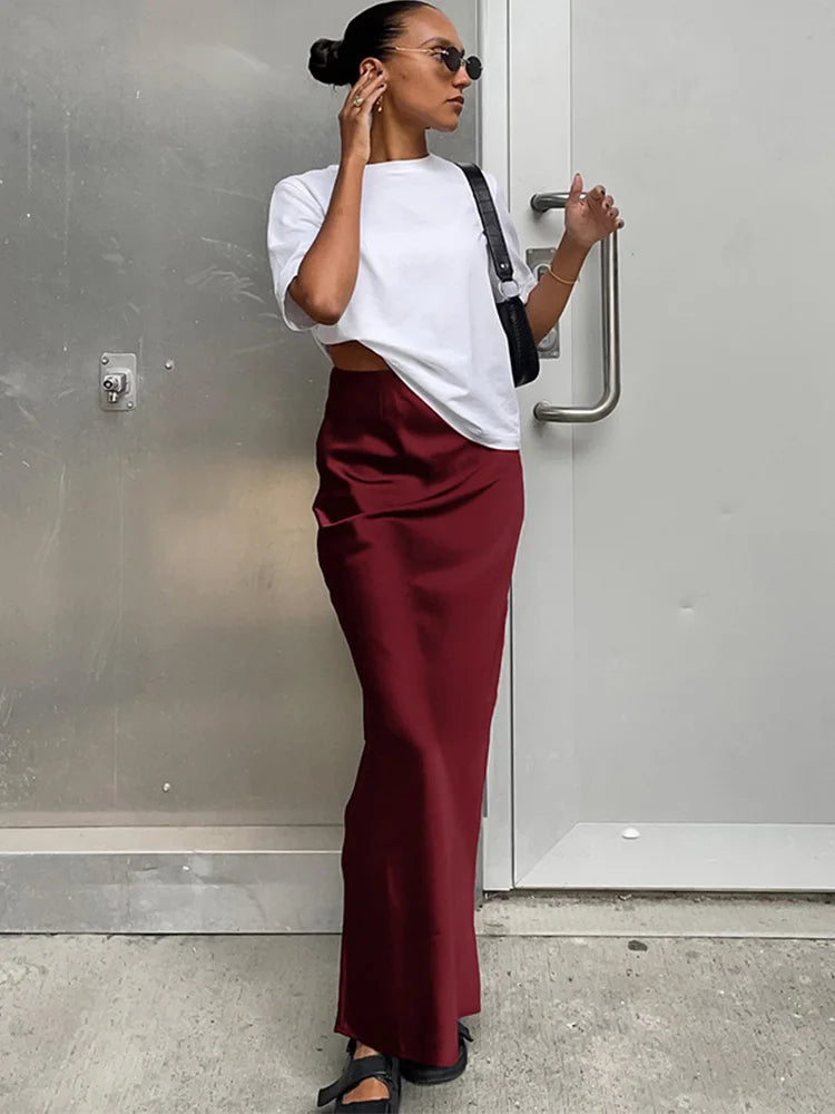 Satin Slim High Waist Office Long Trumpet Skirt