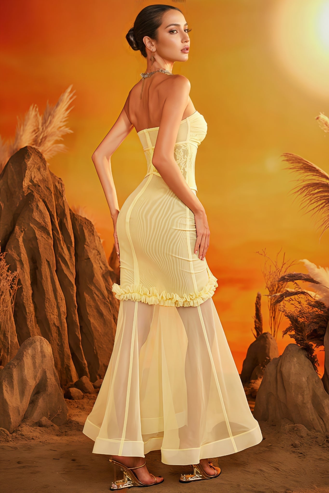Solalf Yellow Embroidered 3d Flower Maxi Dress