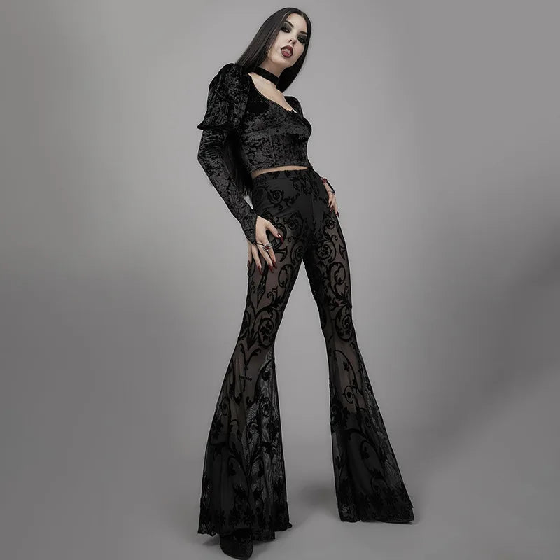 Goth Aesthetic Black Flared Pants Harajuku See Through Pants