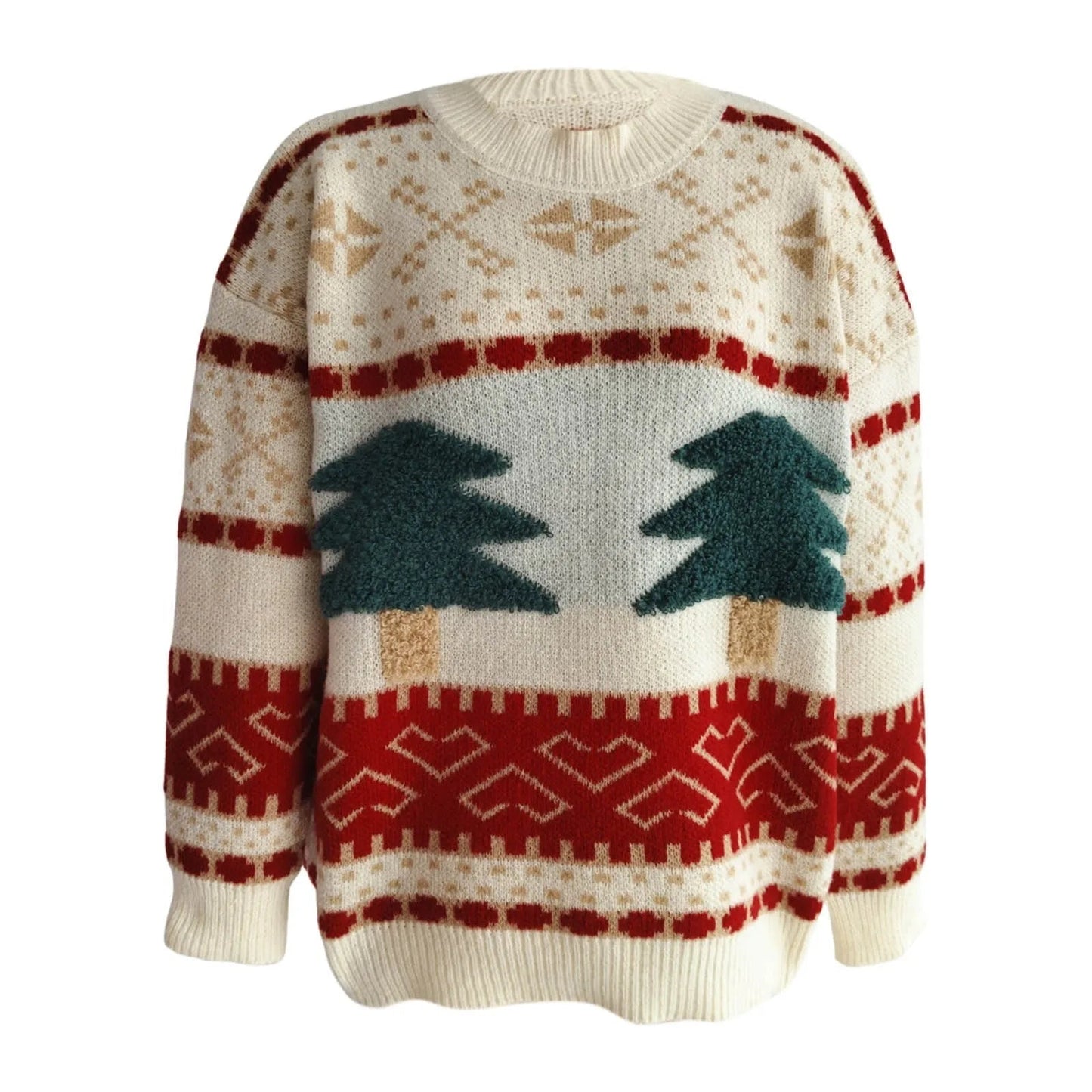 Green Christmas Sweater With Tree Embroidery - Loose Retro Style