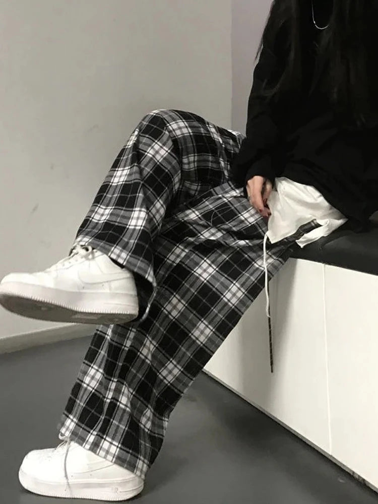 Oversize Plaid Korean Checked for Female Wide Leg Pant