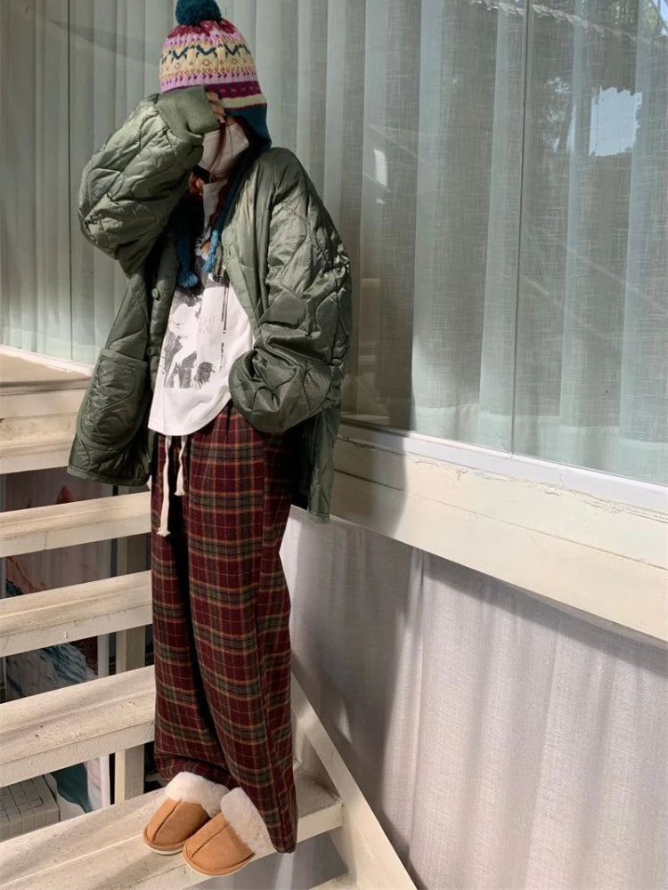 Red Plaid Winter Warm Fleece Korean Style Oversize Pant