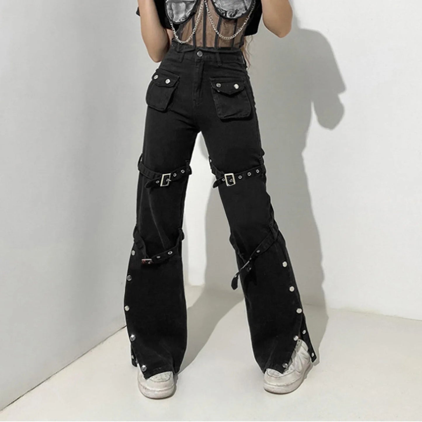 Hippie Cool Straight Punk Metal Buckle Side Split Black Belted Pants