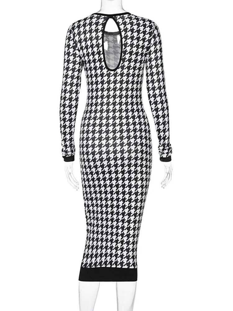 Houndstooth Long Sleeve Hollow Out Bodycon Autumn Winter Club Slim Midi Dresses