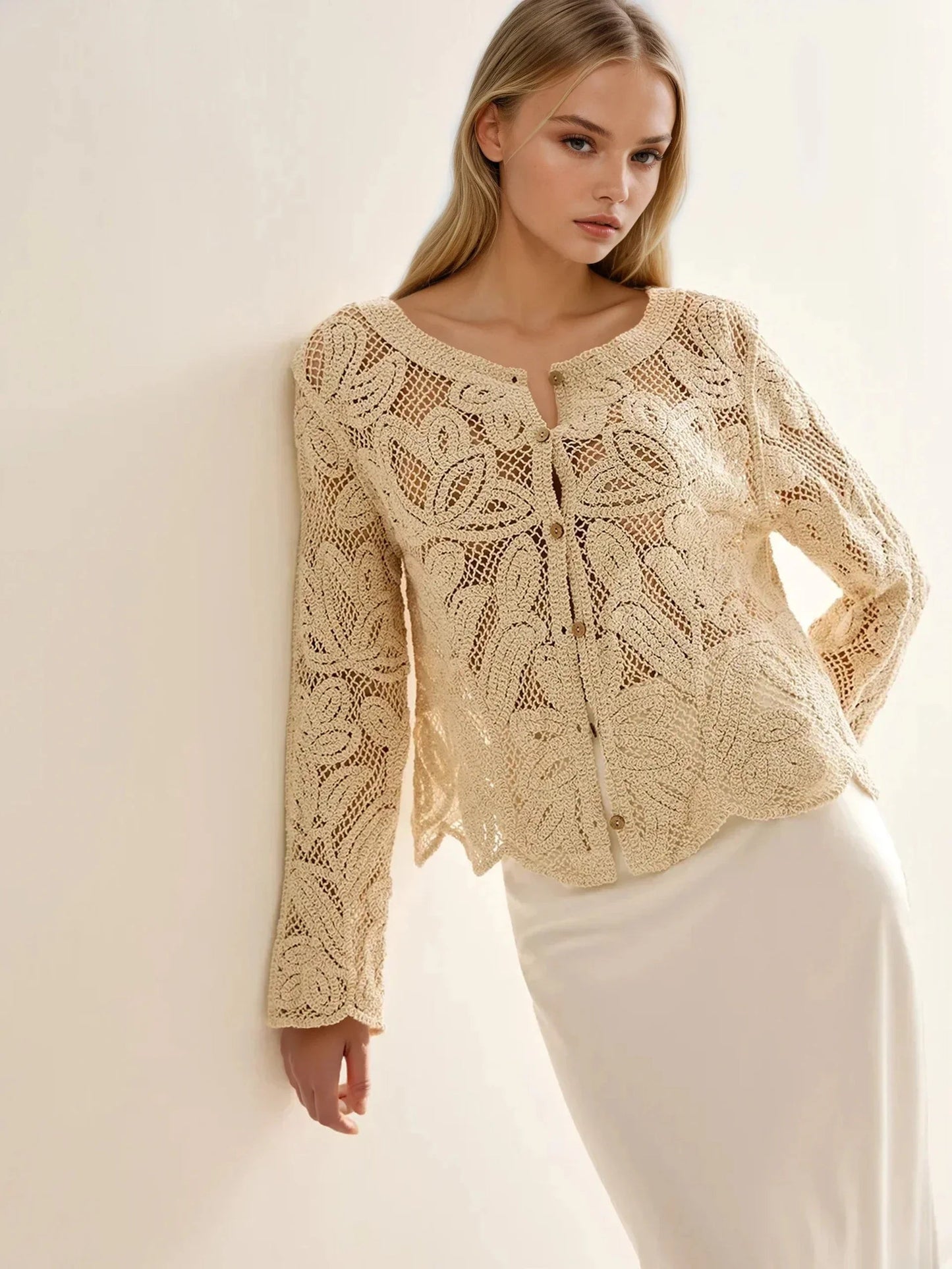 Crochet Lace Cardigan With Scalloped Edge Details