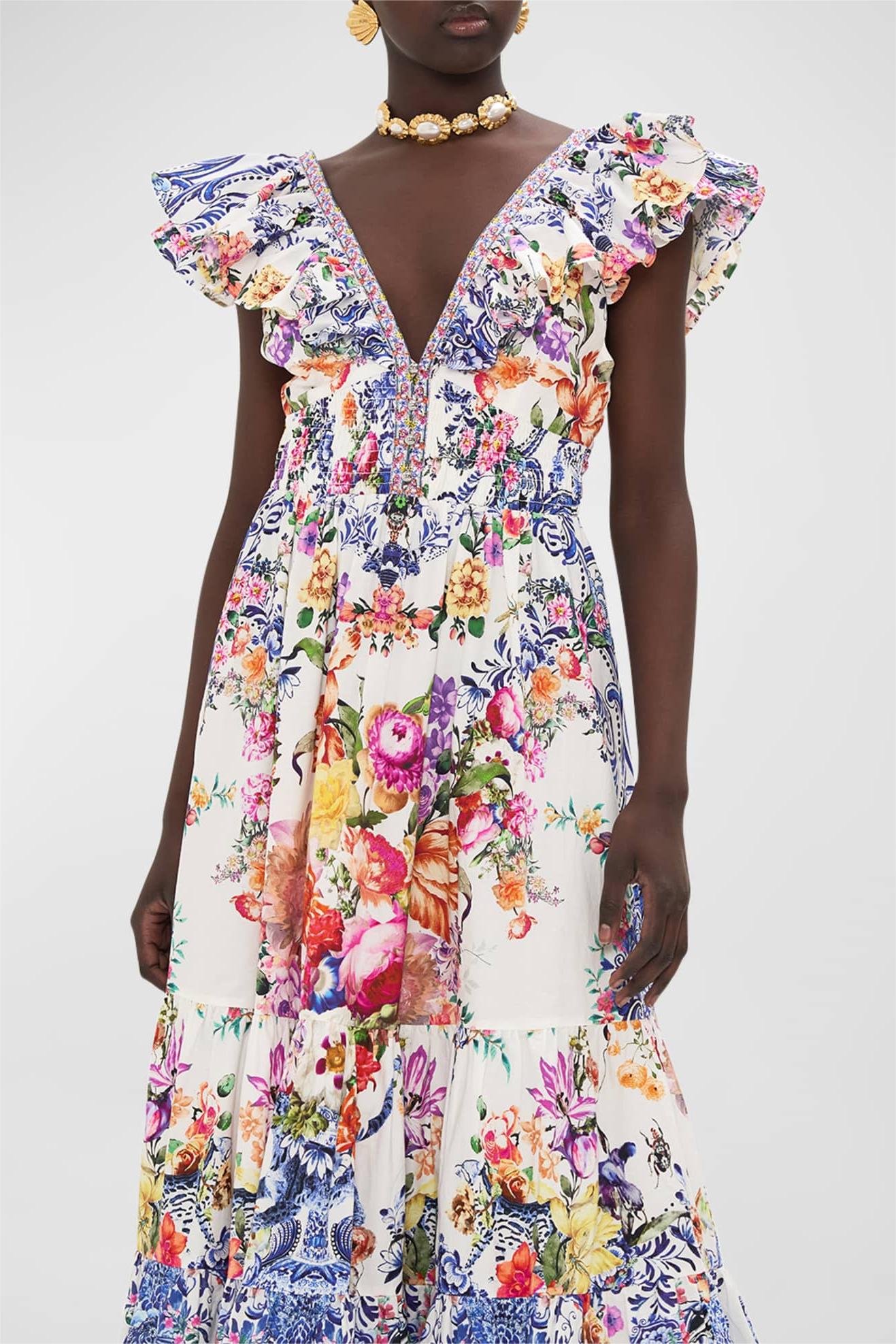 Frill V-neck Sleeveless Smocking Maxi Dress