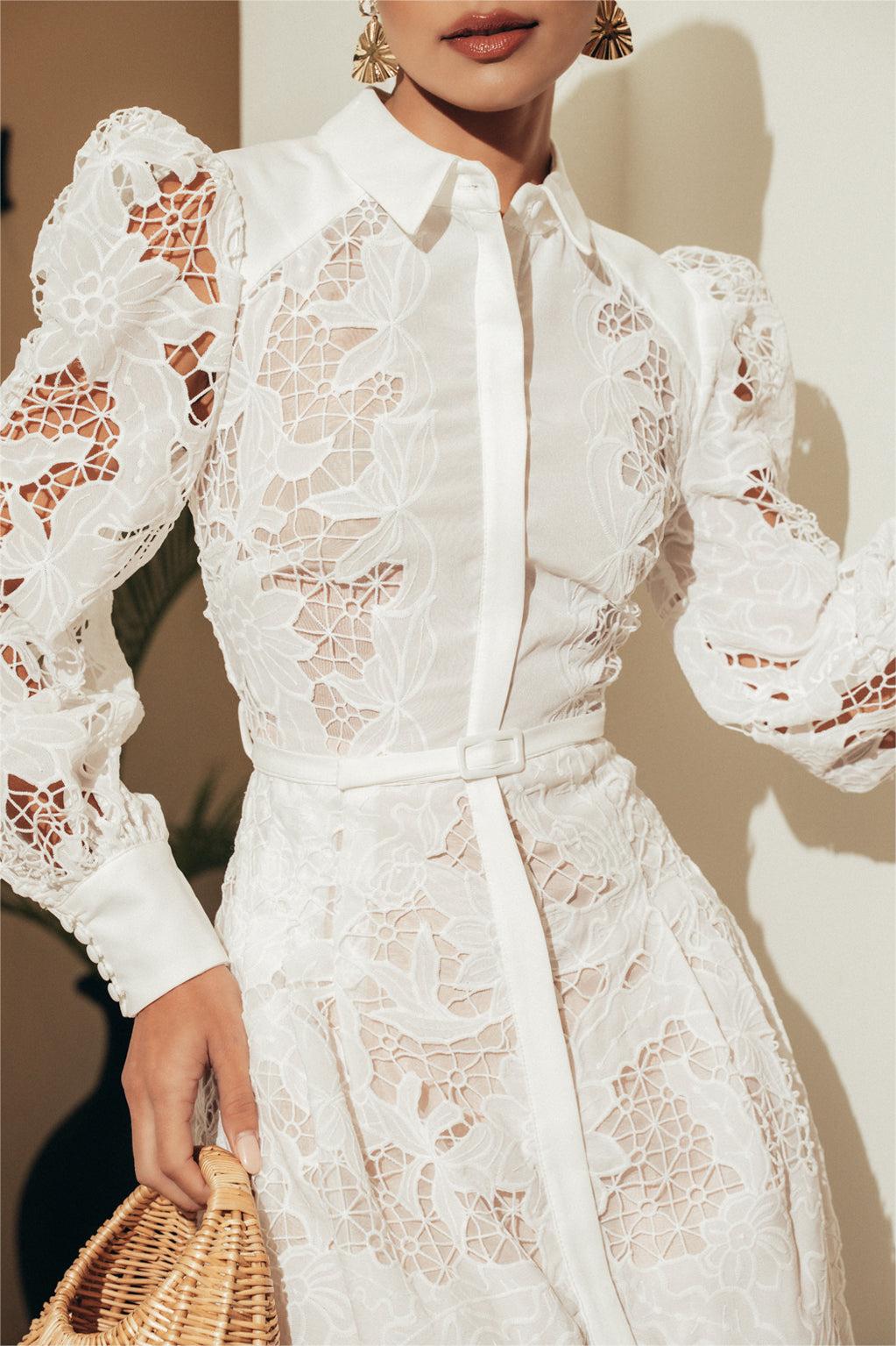 Lace Lantern Sleeve Midi Dress With Belt