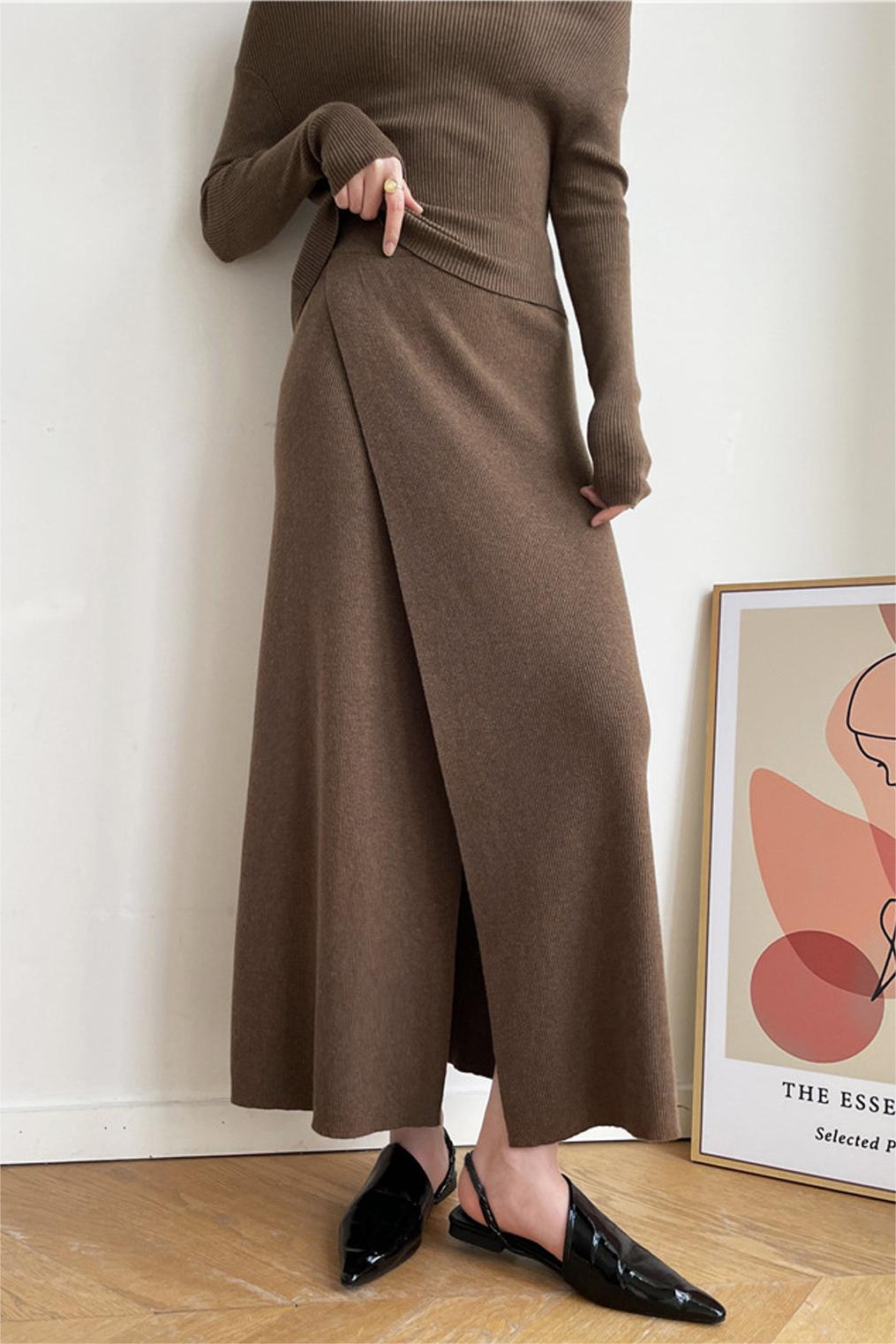 Off-shoulder Top Sweater & High Waist Midi Skirt Set
