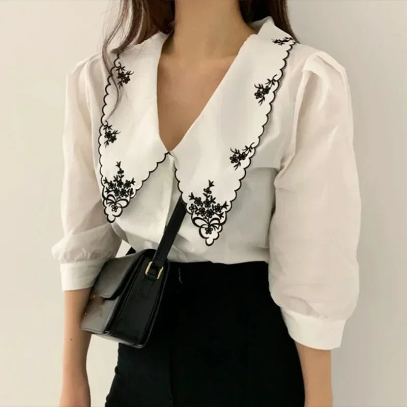 Puff Long Sleeve Embroidery Blouse