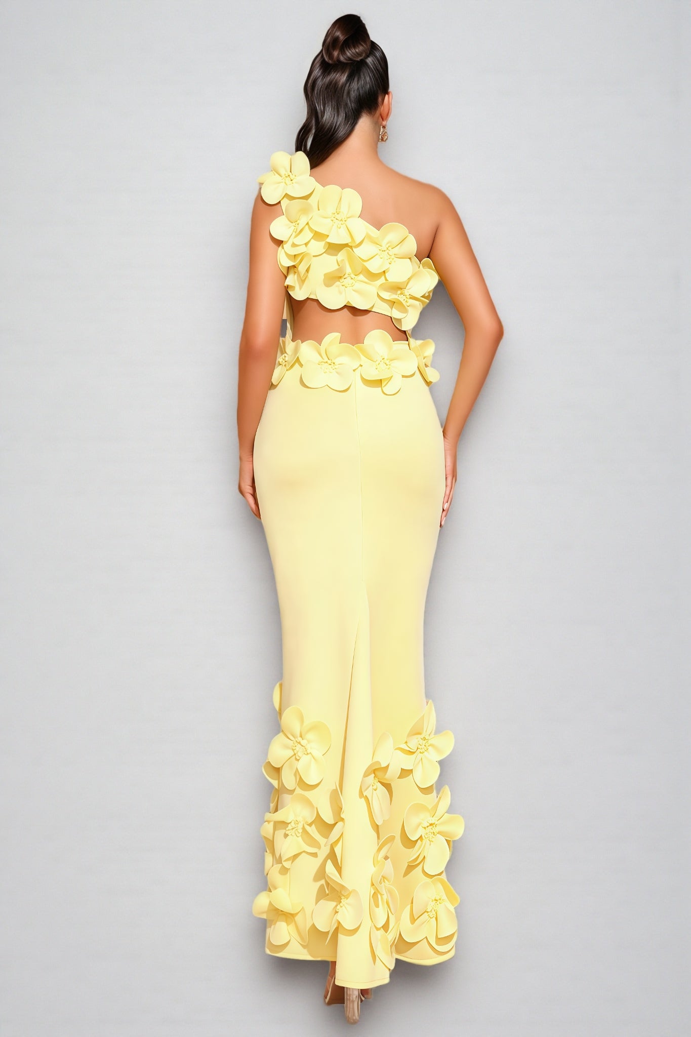 Zalia Yellow One-shoulder 3d Maxi Dress