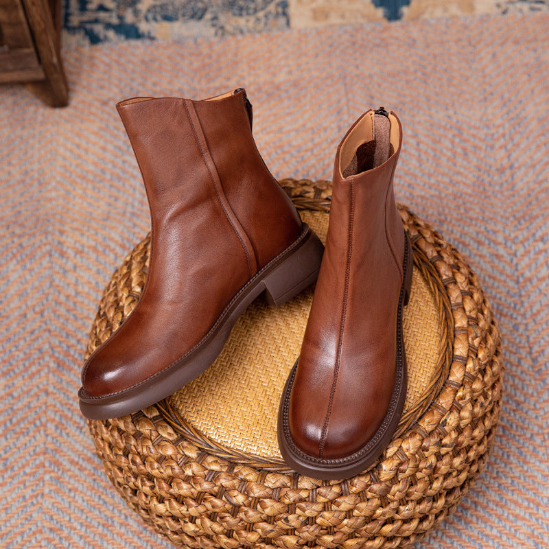 Layer Cowhide Autumn Flat Ankle Retro Boots