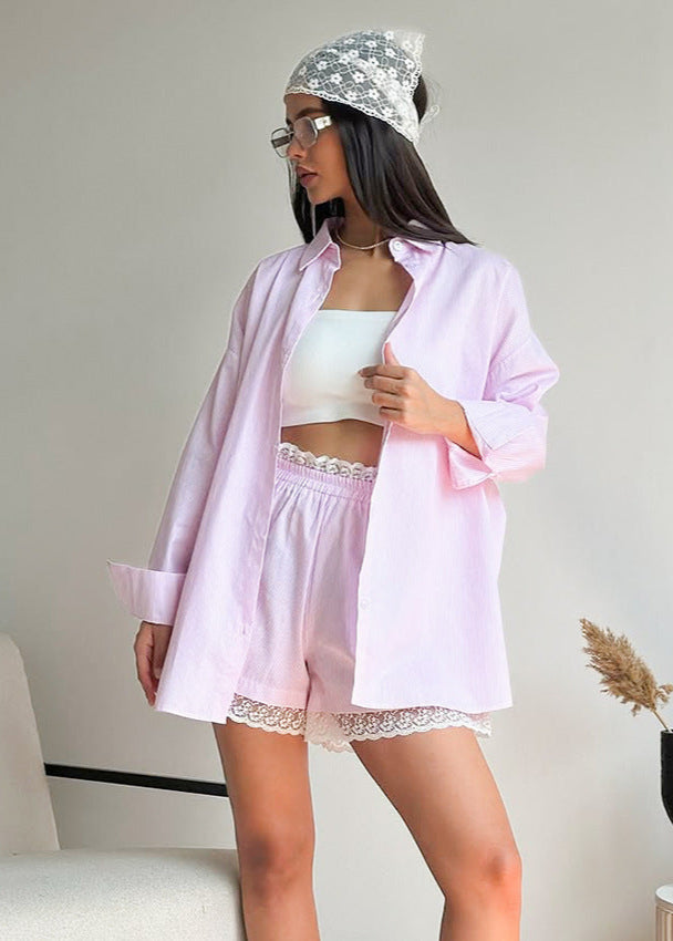 Pink Pinstripe Oversized Shirt & Lace-trim Shorts Set – 2-piece ’s Outfit