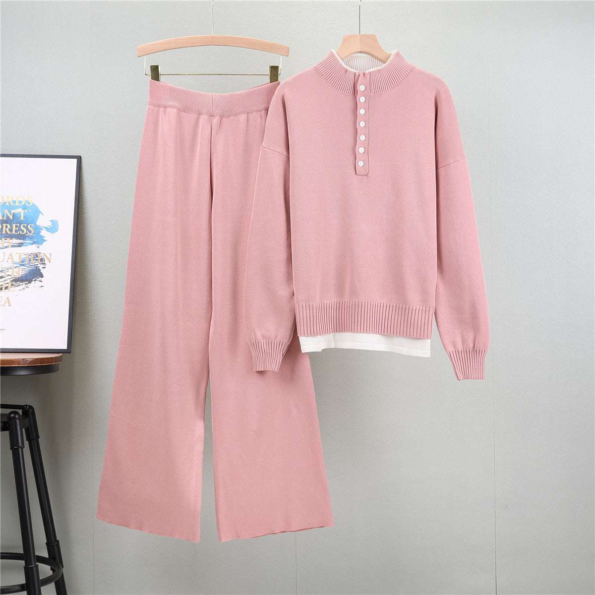 Pink - Fashionable Loose Tweed-style Two Piece Set