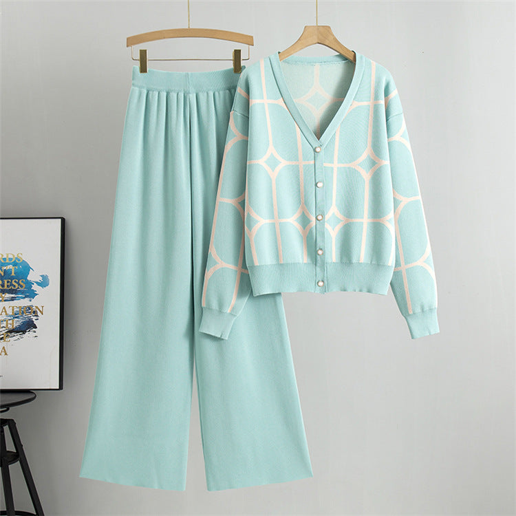 Green - Knit Wide-leg Pants & Sweater Two Piece Set