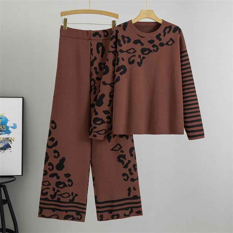 Coffee - Loose Leopard Print Sweater Two Piece Set