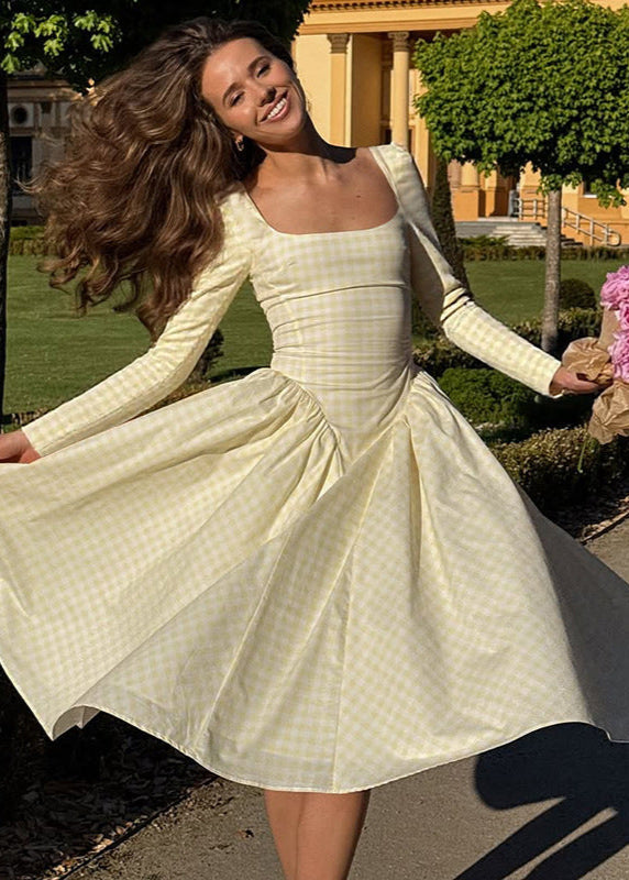 Pink Gingham Long Sleeve Midi Dress – Square Neck Fit and Flare
